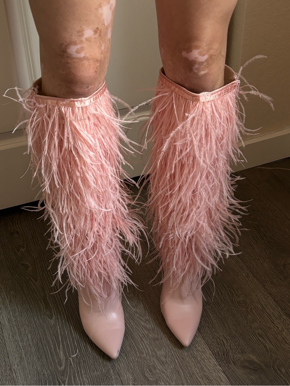 Pink Feather Knee-High Stiletto Boots